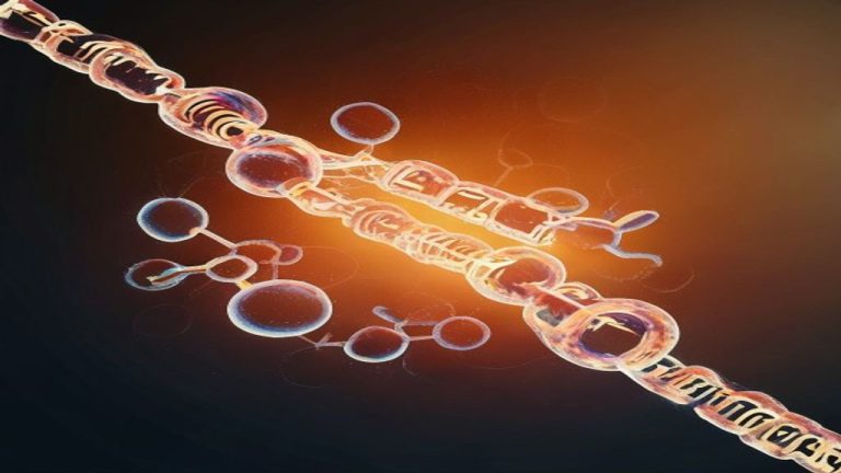 Glutathione tripeptide molecular visualization with sulfur bonds and melanin vesicle transition, scientific abstract aesthetic