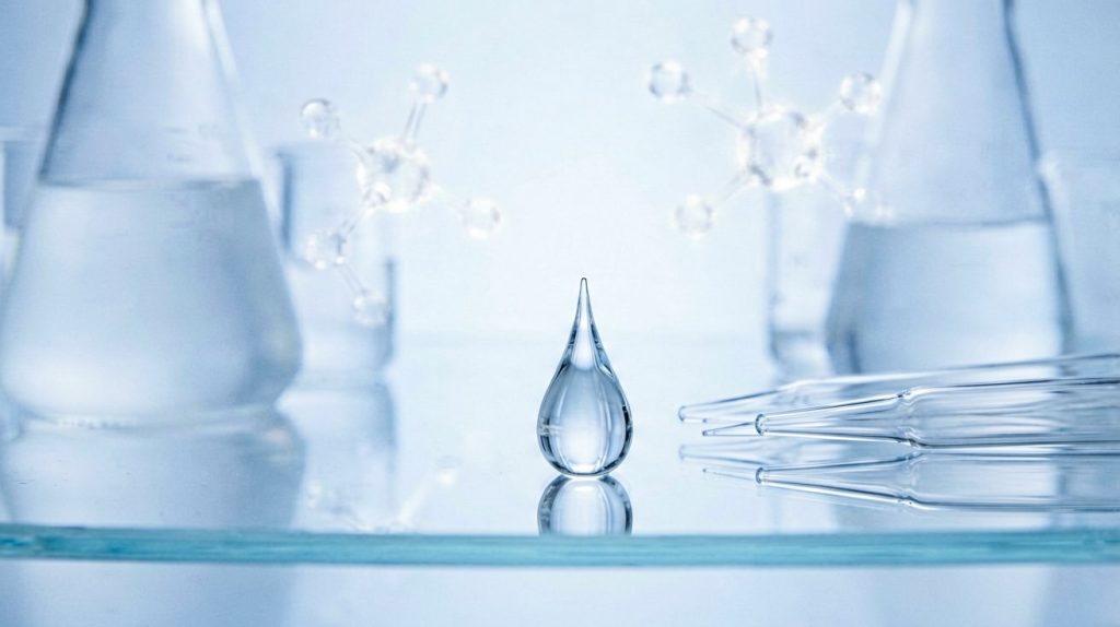 Laboratory glassware and serum droplet illustrating skin cell senescence research