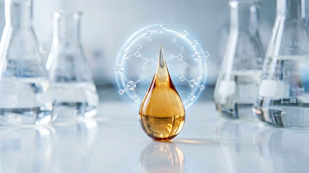 Thiamidol for hyperpigmentation research banner with serum droplet and lab glassware