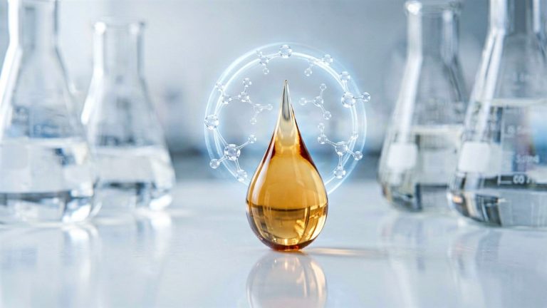 Thiamidol for hyperpigmentation research banner with serum droplet and lab glassware