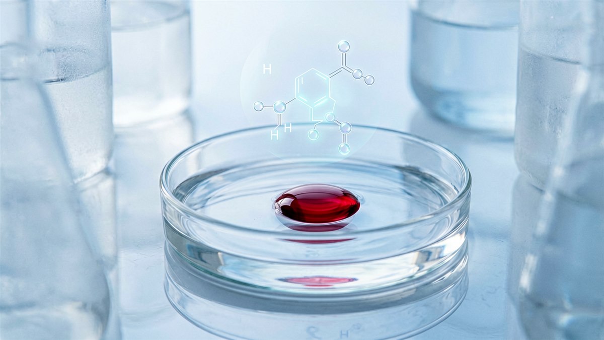 Astaxanthin serum droplet in laboratory glassware with molecular structure overlay
