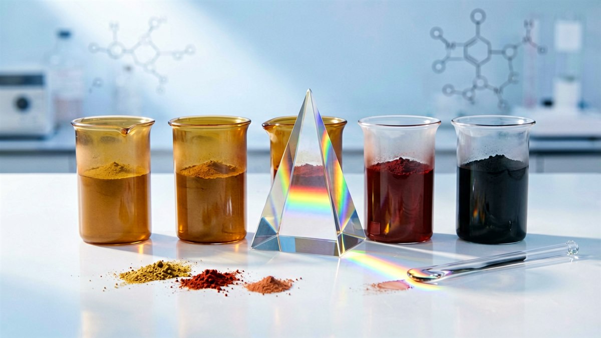 Iron oxide pigment dispersions and prism refracting visible light in a skincare laboratory