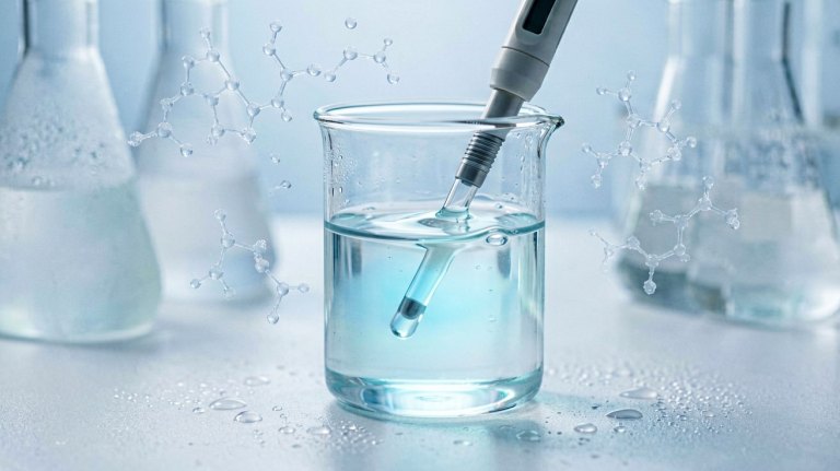 Glycolic acid brightening serum formulation in laboratory glassware with molecular structures