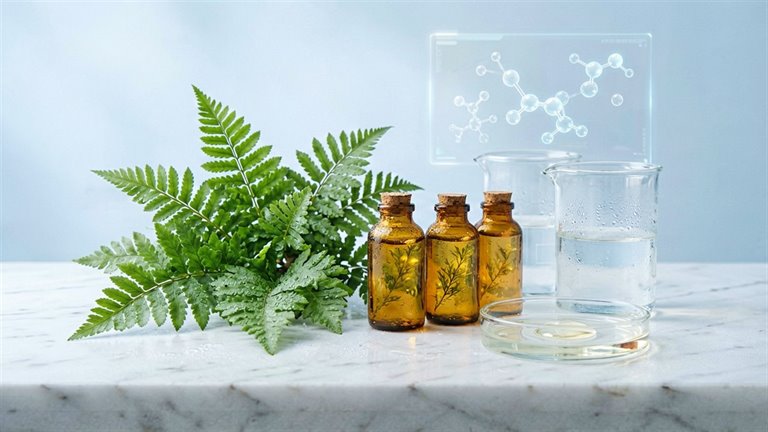 Polypodium leucotomos extract research: fern fronds, amber extract vials and laboratory glassware with molecular diagram