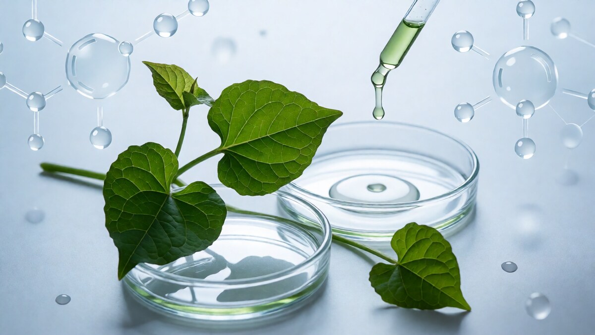 Houttuynia cordata heartleaf botanical extract in a skincare laboratory setting