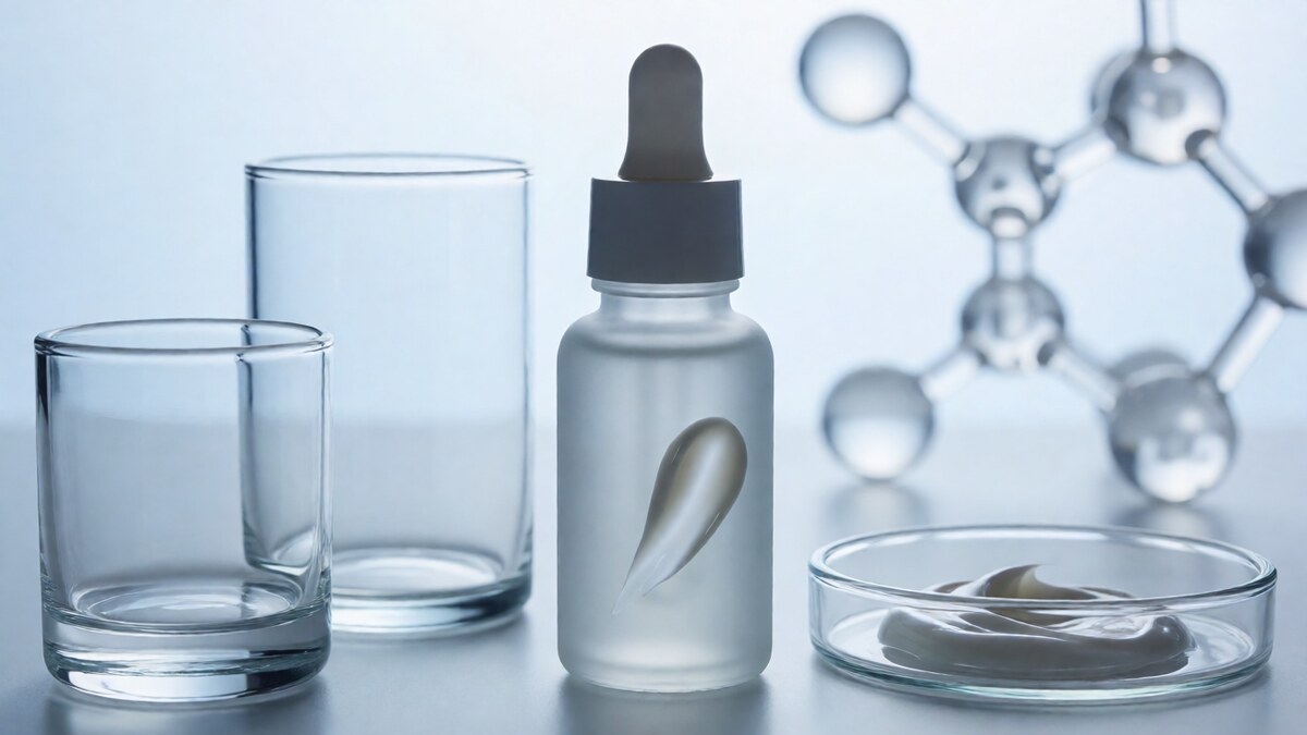 Clean skincare laboratory aesthetic with serum bottle, glass beakers and soft blue-white lighting